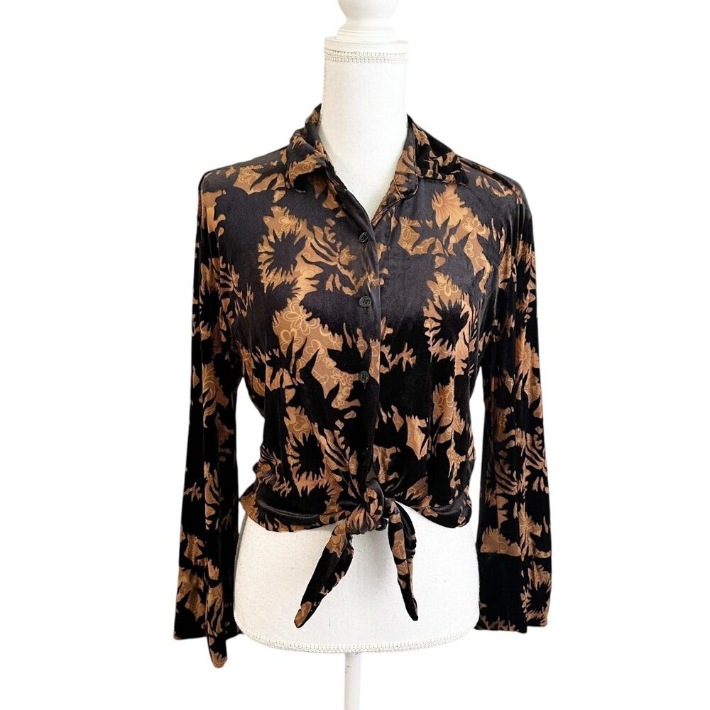 Zara Womens Velvet Burnout Button Down Blouse Size Small‎ Hippie Bell Sleeve